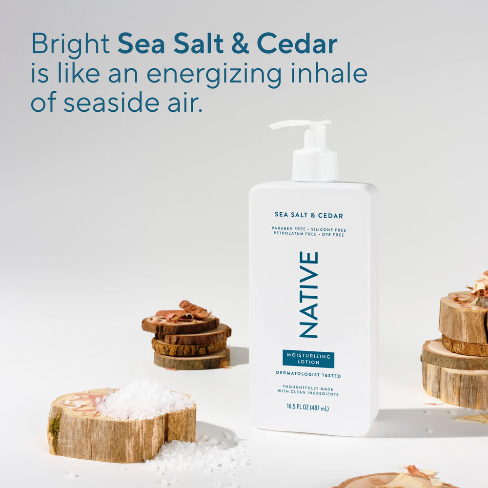 Native bottle on bathroom shelf in bright setting suggesting daily routine