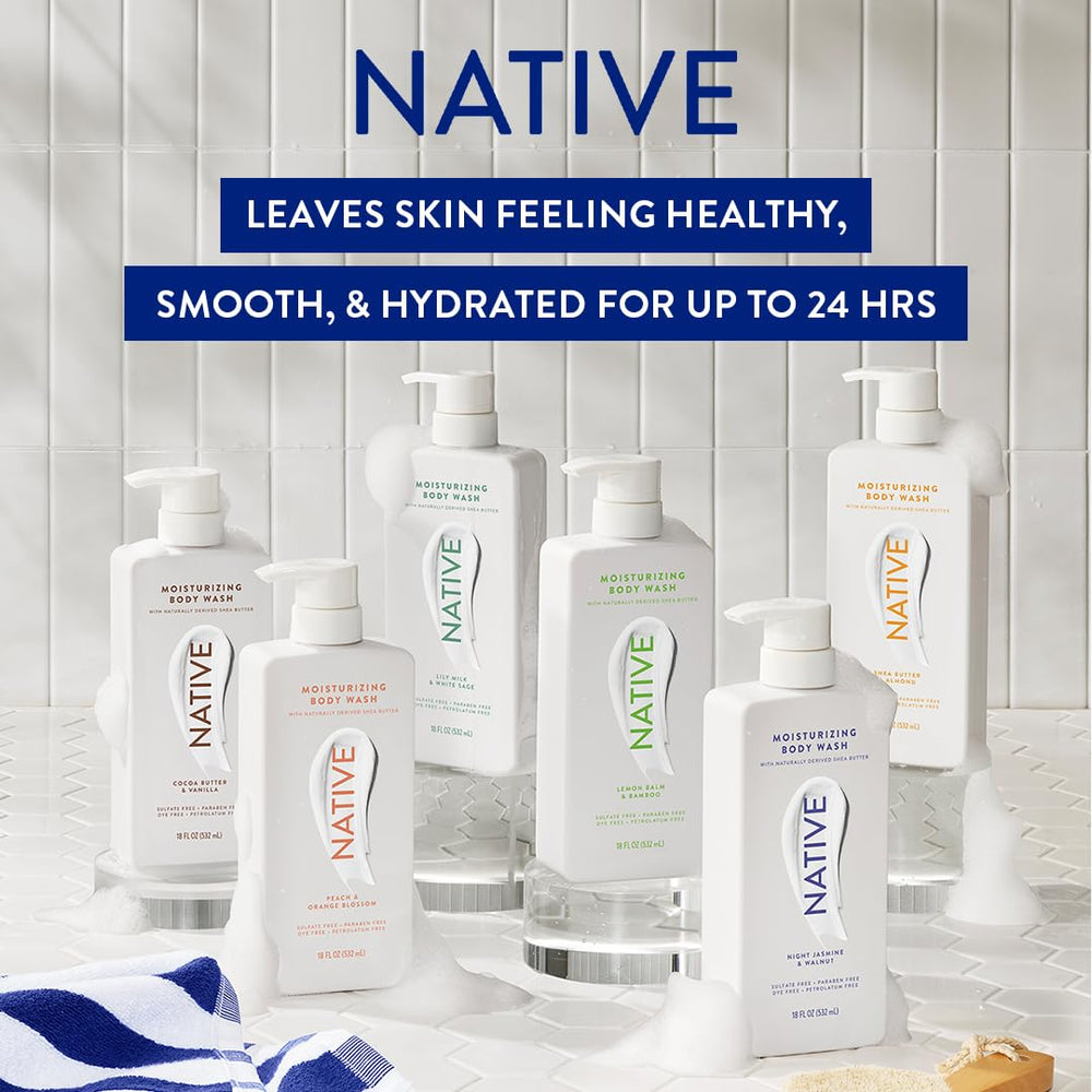 Lifestyle bathroom vanity with Native bottle, suggesting calming shower ritual