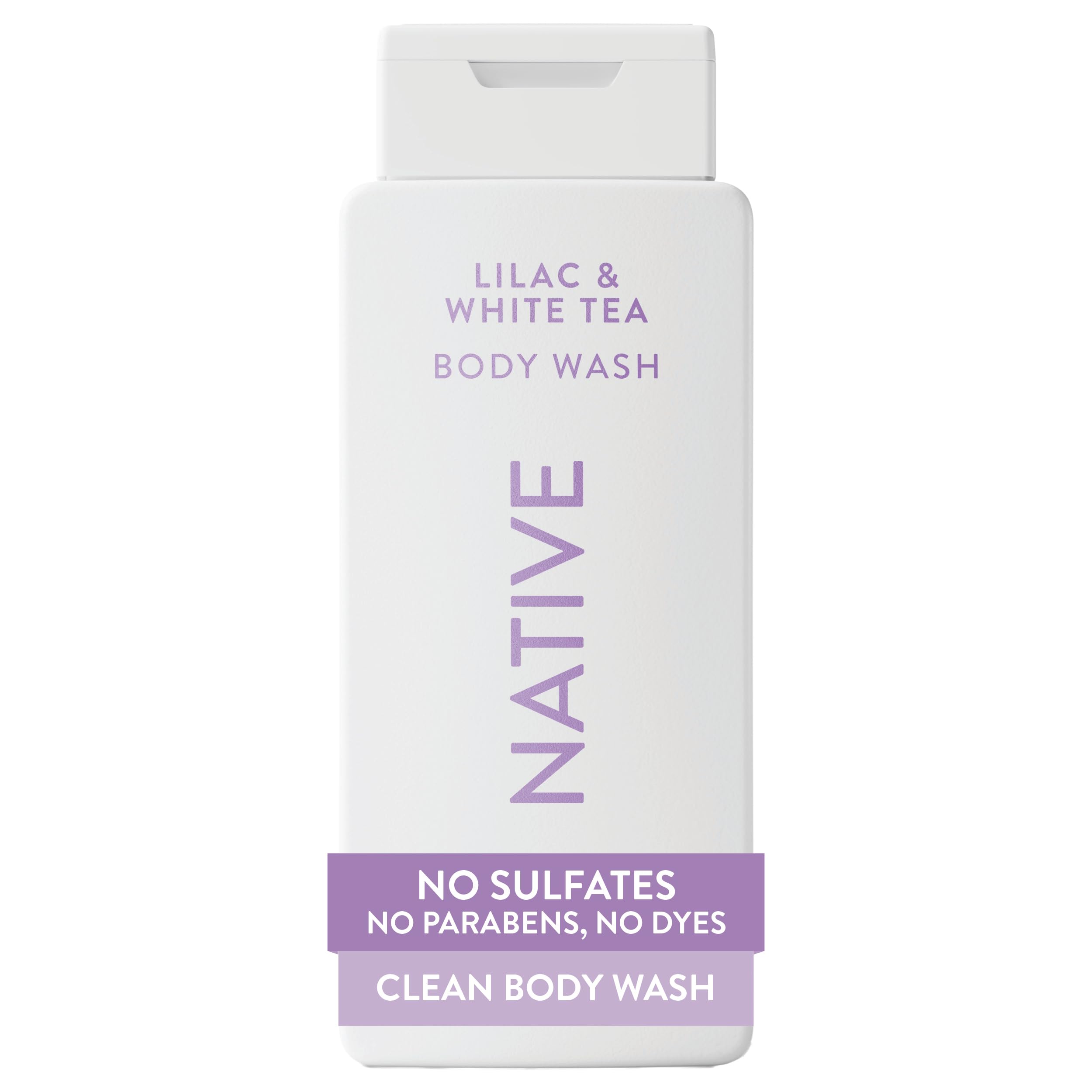 Native front bottle showing lilac and white tea scent and clean design for easy identification