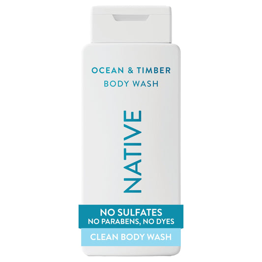 Native Ocean & Timber front packaging showing full 18 oz bottle and scent