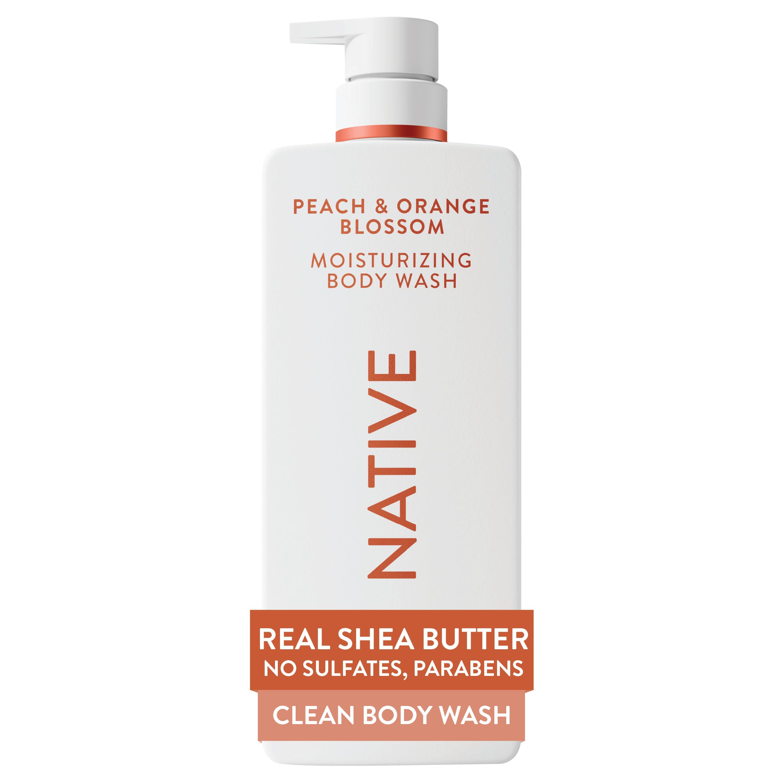 Native bottle front view showing peach orange blossom scent and benefit hydrate
