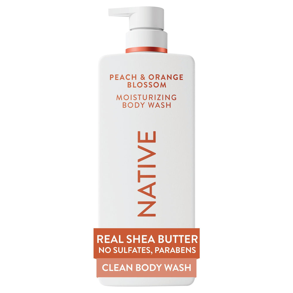 Native bottle front view showing peach orange blossom scent and benefit hydrate