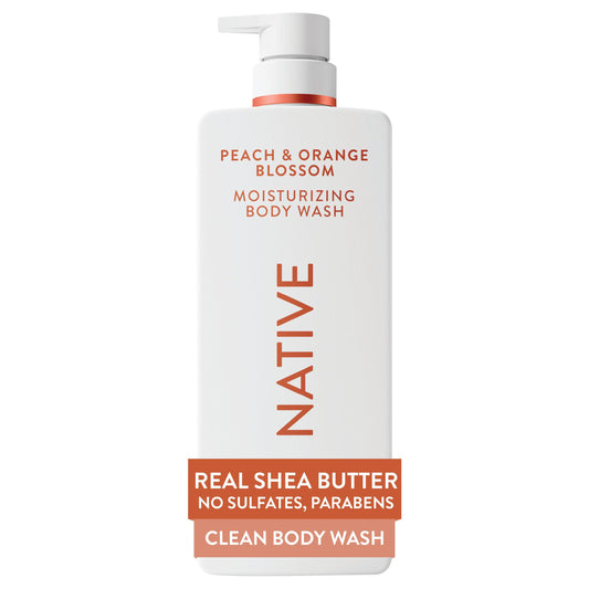 Native bottle front view showing peach orange blossom scent and benefit hydrate