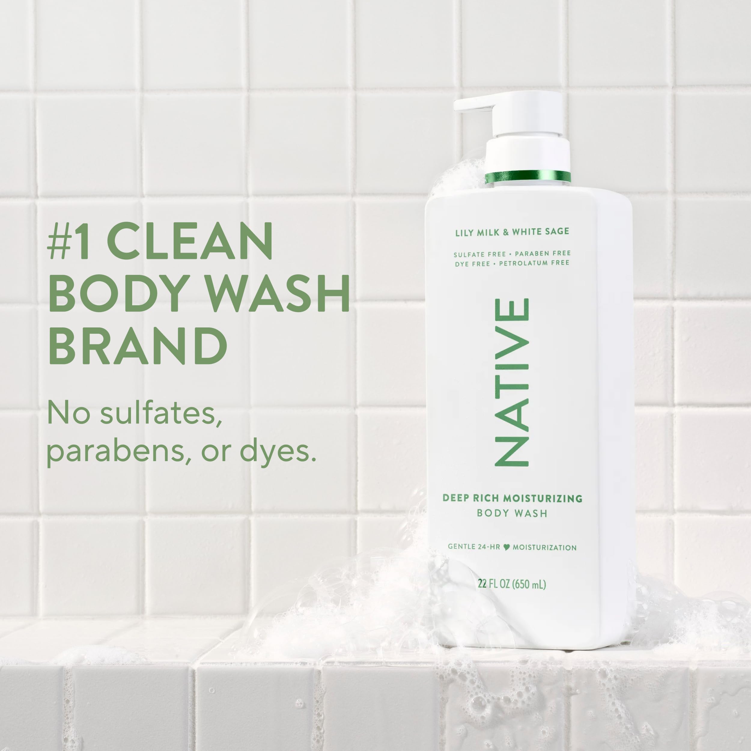 Native pump dispensing bodywash foam demonstrating easy-to-use pump