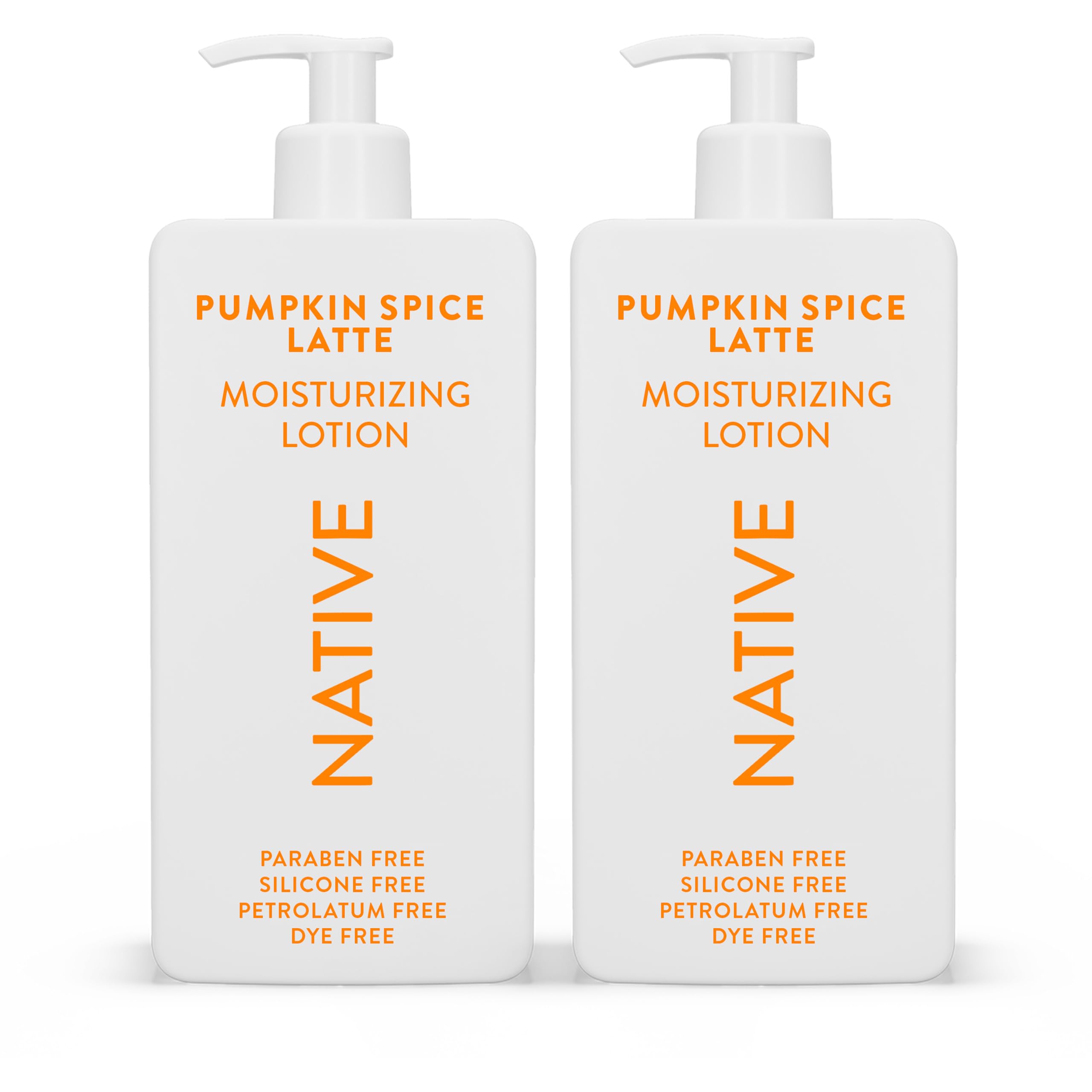 Native front packaging of pumpkin spice latte lotion showing bottle and label, seasonal appeal