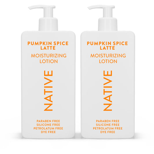 Native front packaging of pumpkin spice latte lotion showing bottle and label, seasonal appeal