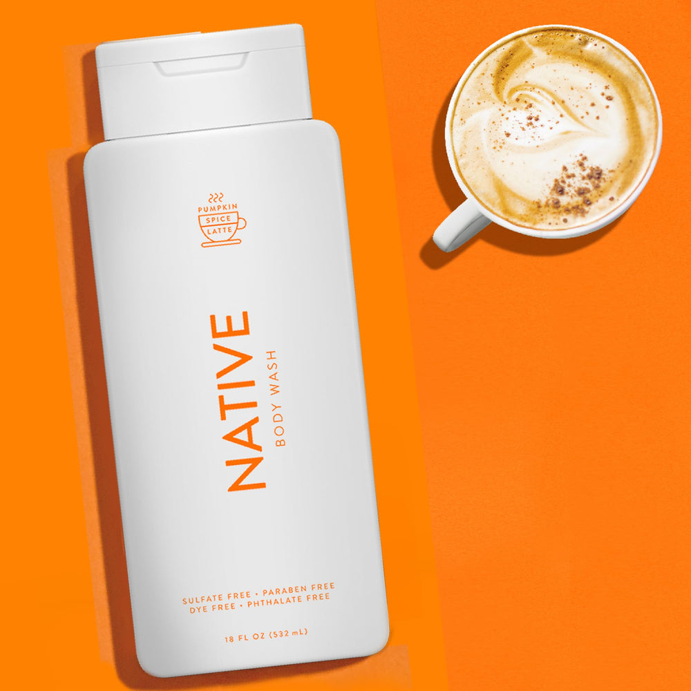 Person using Native Pumpkin Spice Latte body wash in shower for comforting seasonal scent