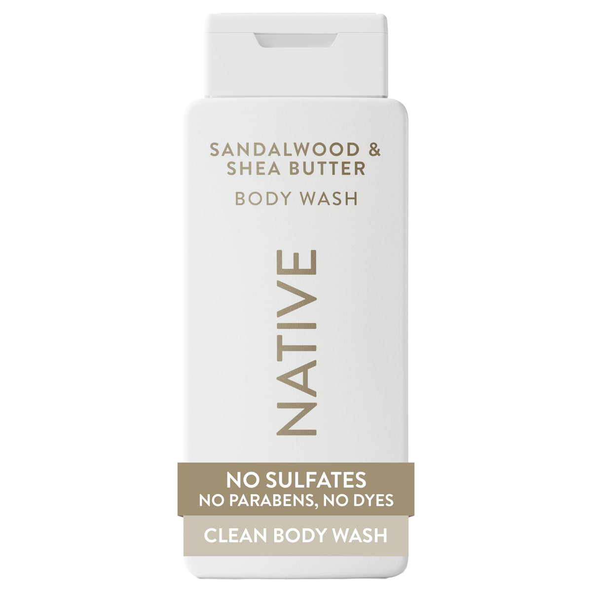 Native bottle front label showing sandalwood and shea branding and 18 oz size benefit