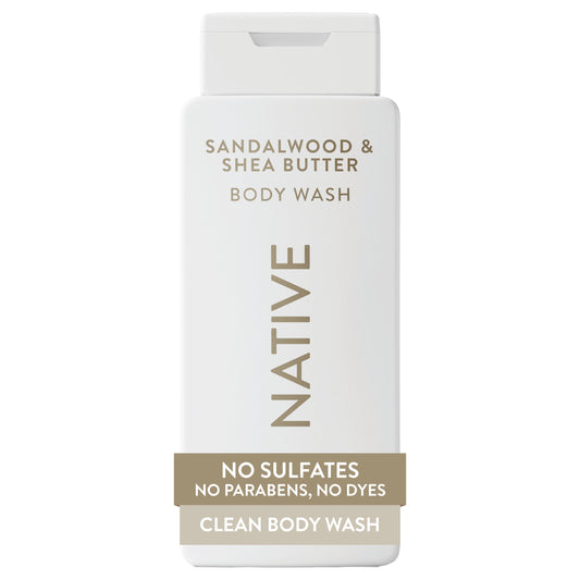 Native bottle front label showing sandalwood and shea branding and 18 oz size benefit
