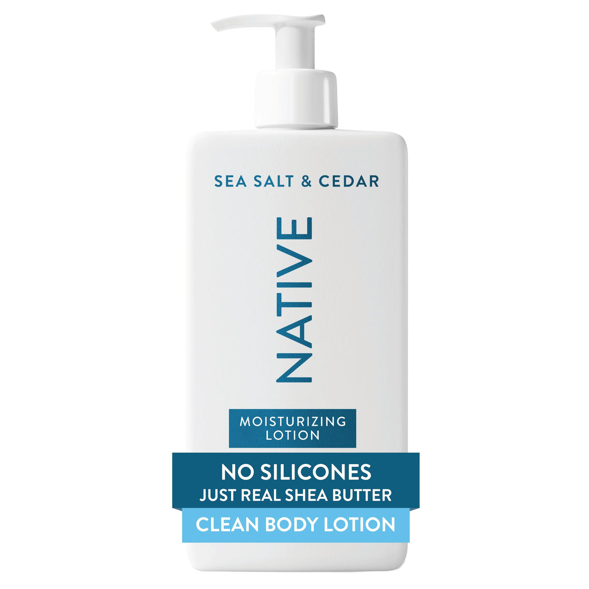 Native bottle front view showing Sea Salt & Cedar label and capacity benefits