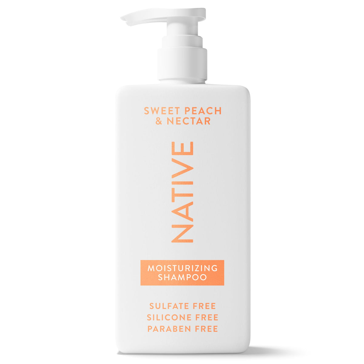 Native front bottle showing Sweet Peach & Nectar scent and clean formula benefits
