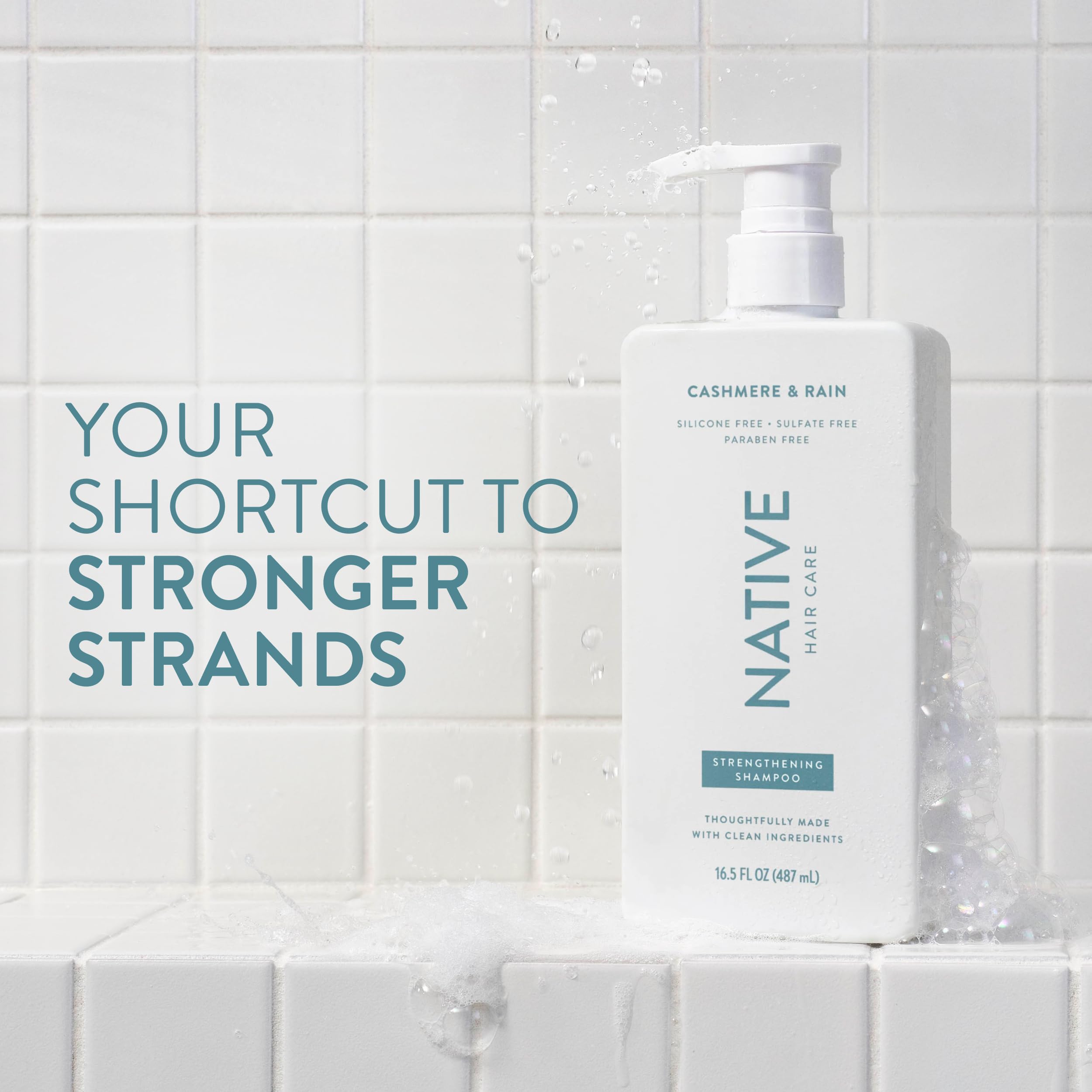Native shampoo pump close-up for easy dispensing and convenient use benefit