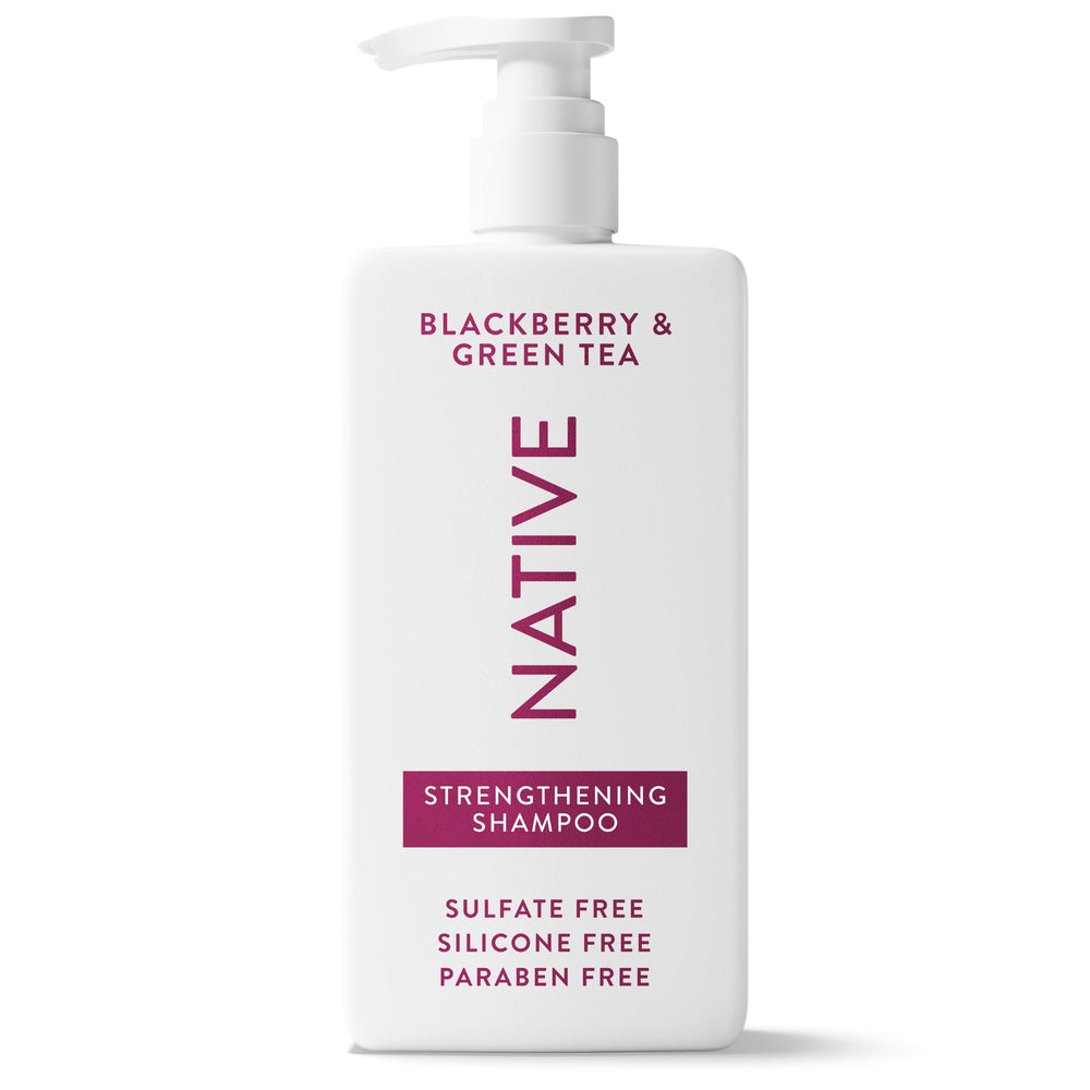 Native shampoo front bottle showing label and blackberry green tea scent benefits