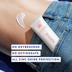 Native sunscreen cap and label detail highlighting reef-safe and dermatologist-tested benefits