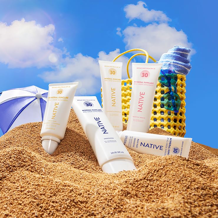 Native sunscreen ingredient label close-up showing 20% zinc oxide active benefit