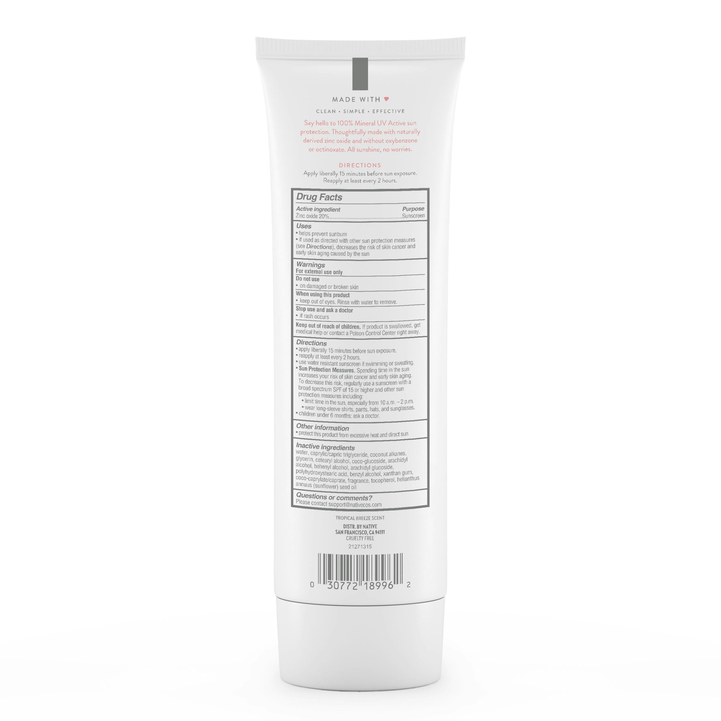Native sunscreen back packaging with usage directions for reliable reapplication guidance