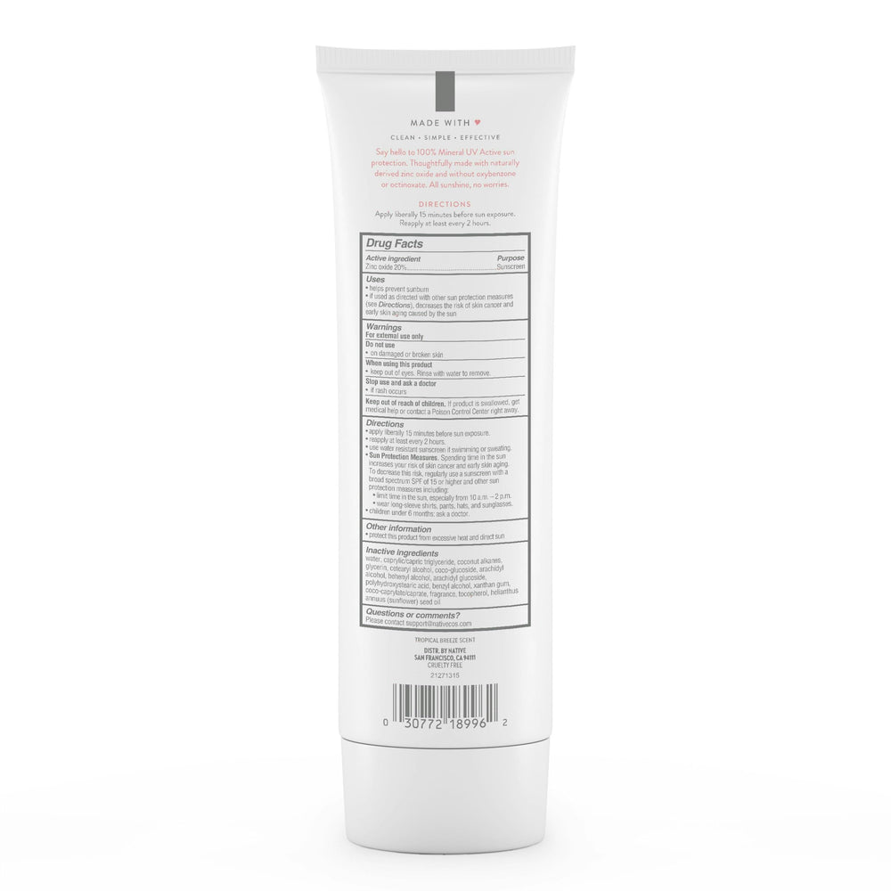 Native sunscreen back packaging with usage directions for reliable reapplication guidance