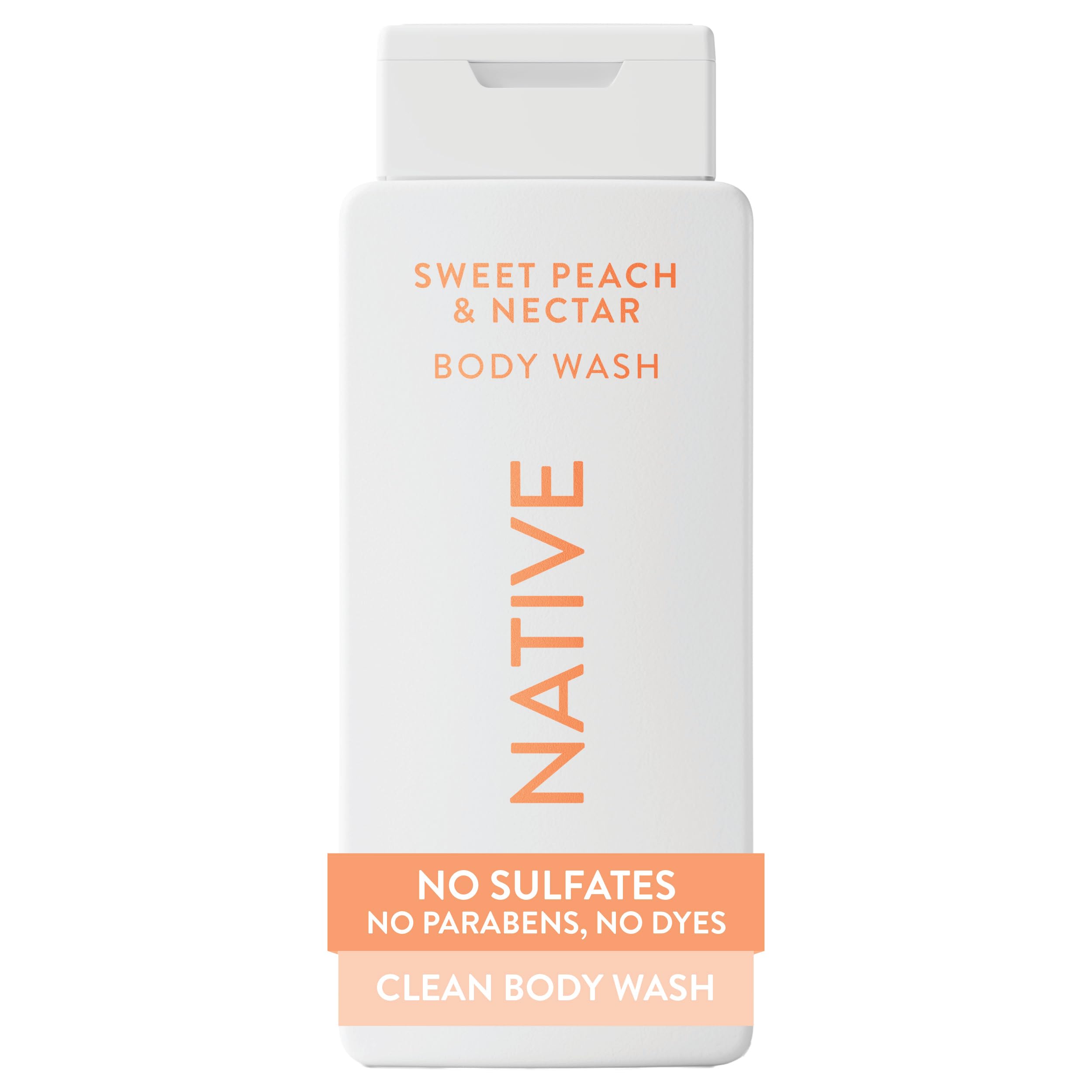 Native front bottle showing clean peach fragrance and 18 oz size benefit