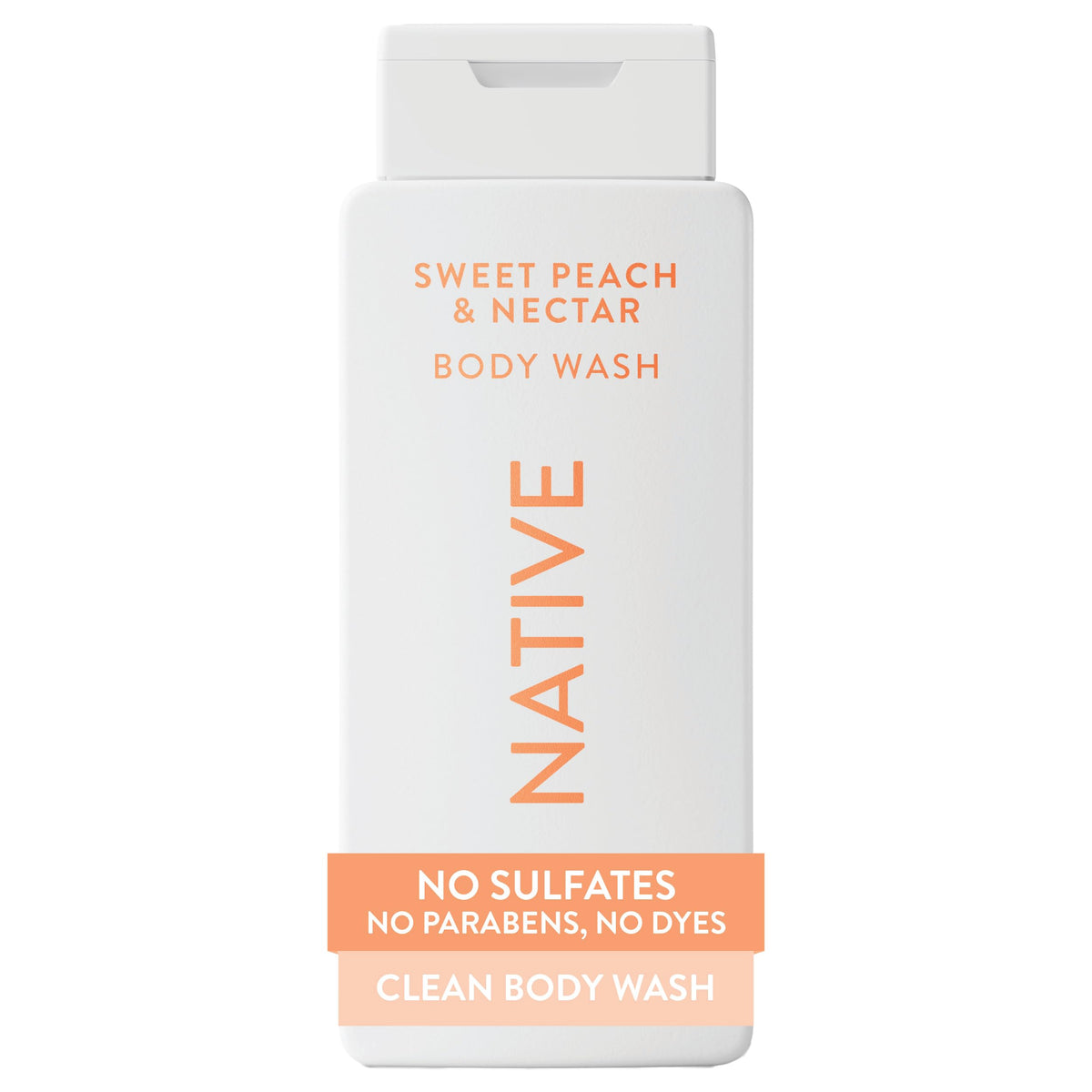 Native front bottle showing clean peach fragrance and 18 oz size benefit