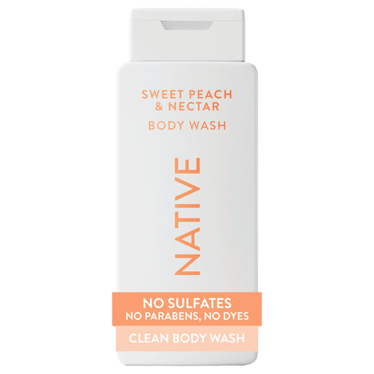 Native front bottle showing clean peach fragrance and 18 oz size benefit