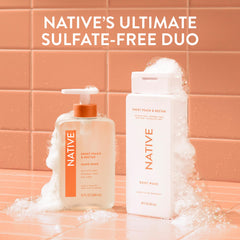 Native bottle in orchard lifestyle scene showing bright peach scent appeal