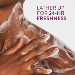 Native bottle with bath pouf showing quick rich lather benefit