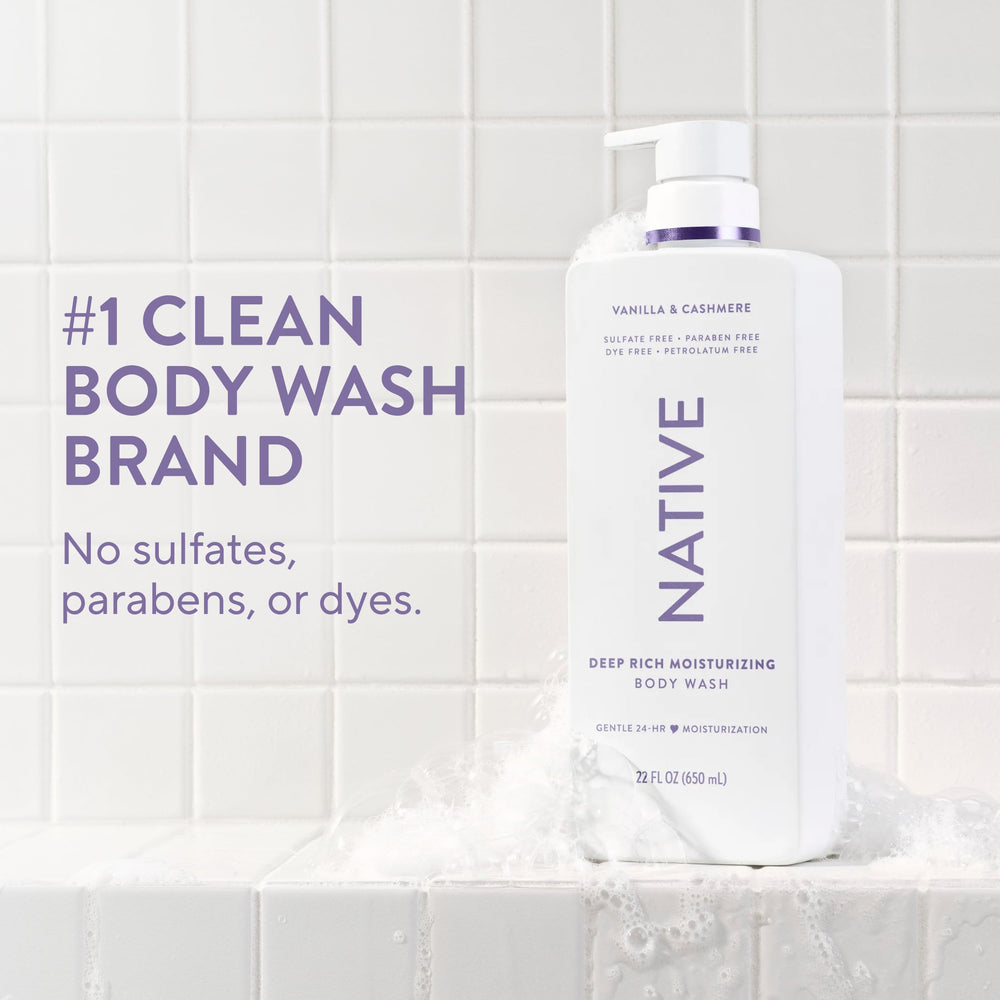 Native pump dispensing body wash highlighting quick, no-drip application benefit