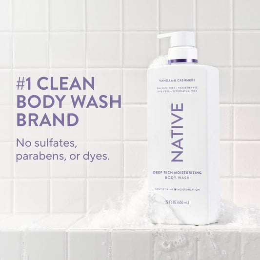 Native pump dispensing body wash highlighting quick, no-drip application benefit