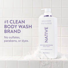 Native pump dispensing body wash highlighting quick, no-drip application benefit