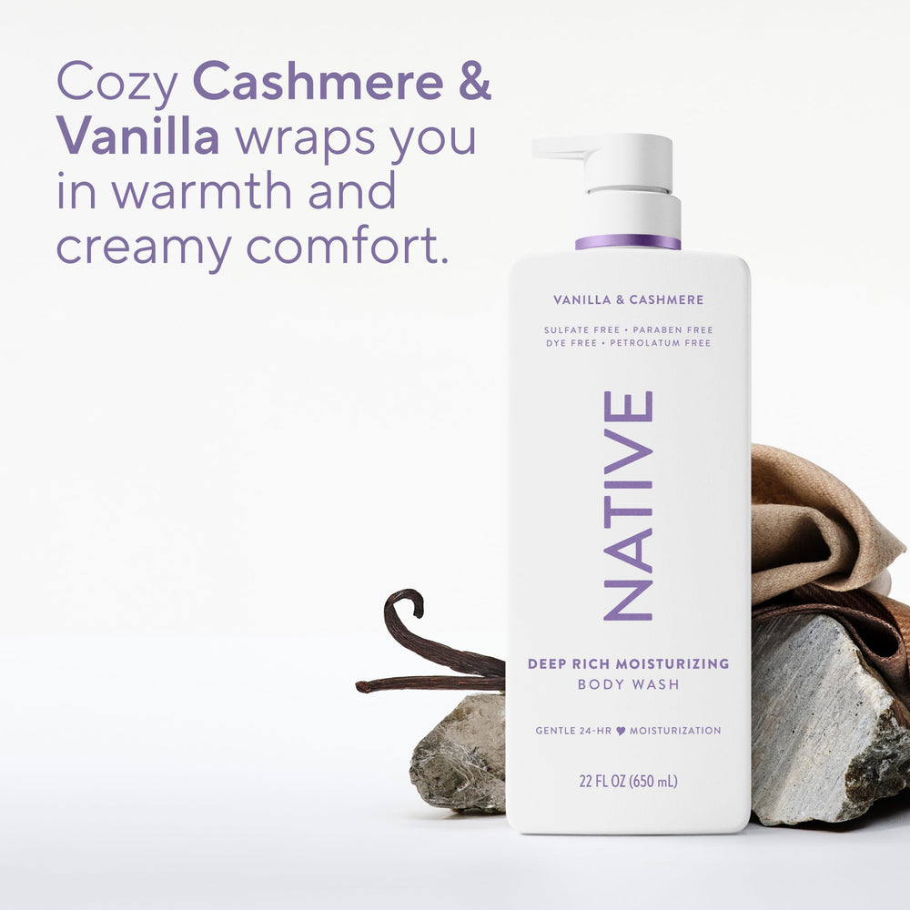 Native bottle with loofah demonstrating enhanced cleansing and lathering benefit