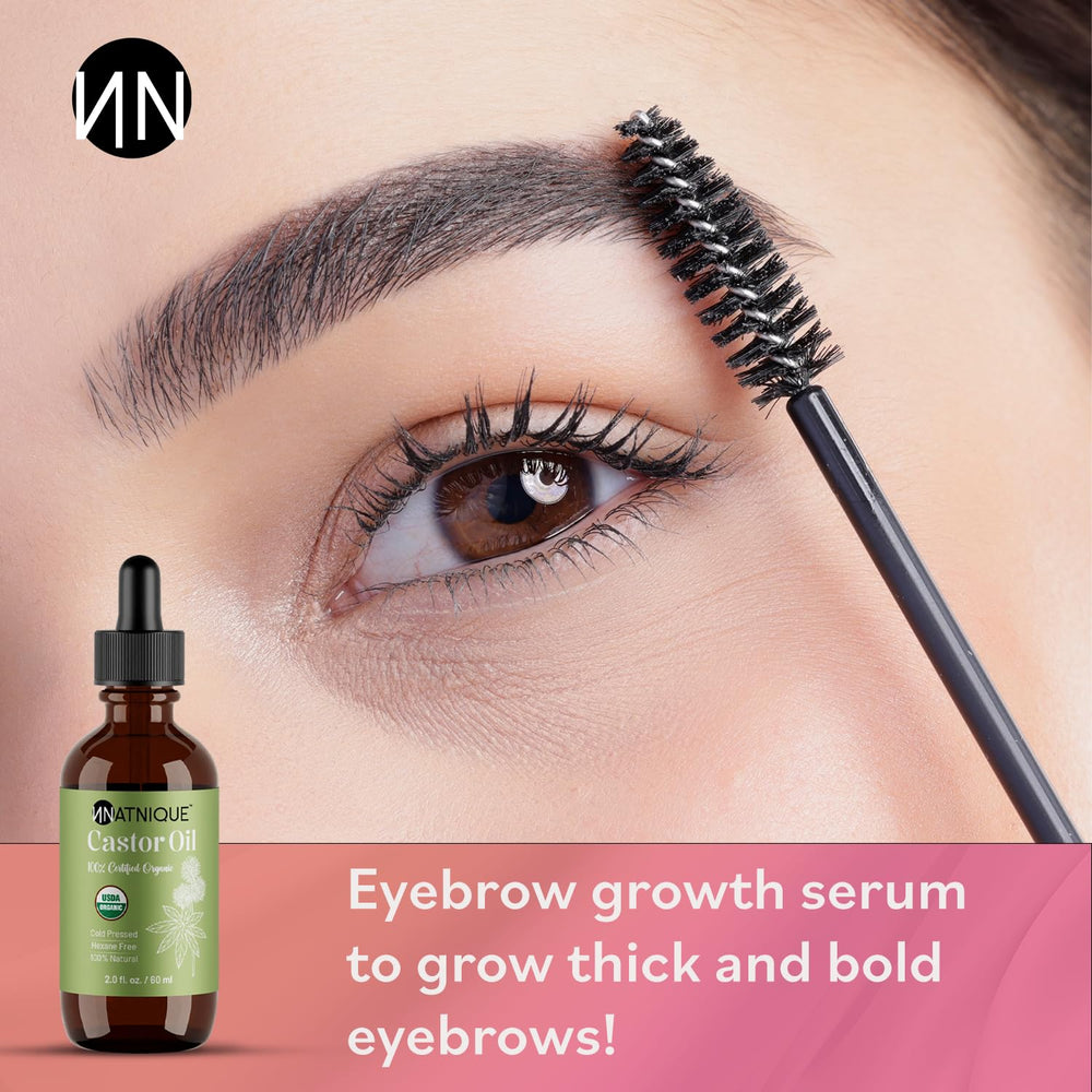 Natnique bottle with applicators demonstrating easy lash and brow application