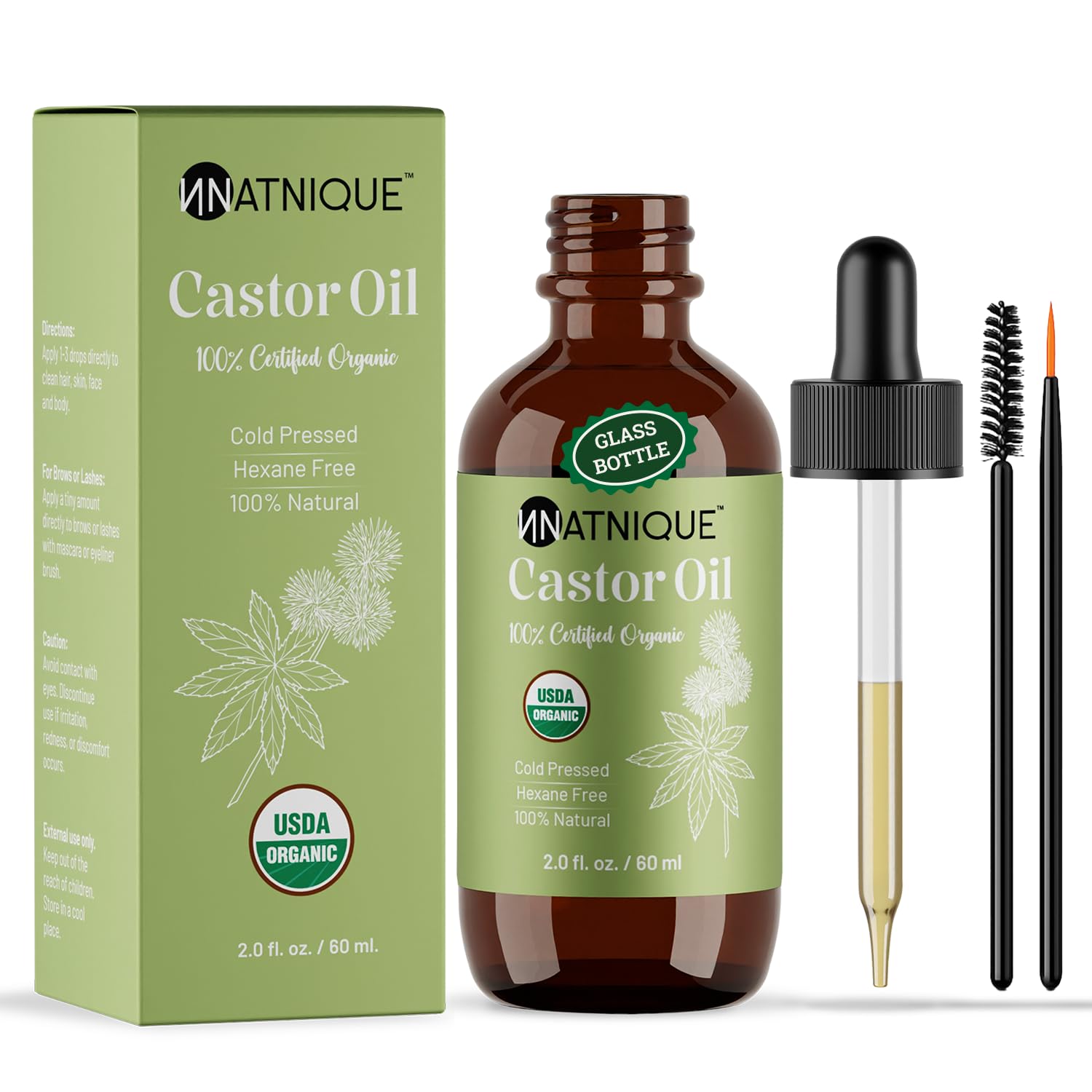 Natnique glass bottle front view showing organic castor oil benefit: pure nourishment