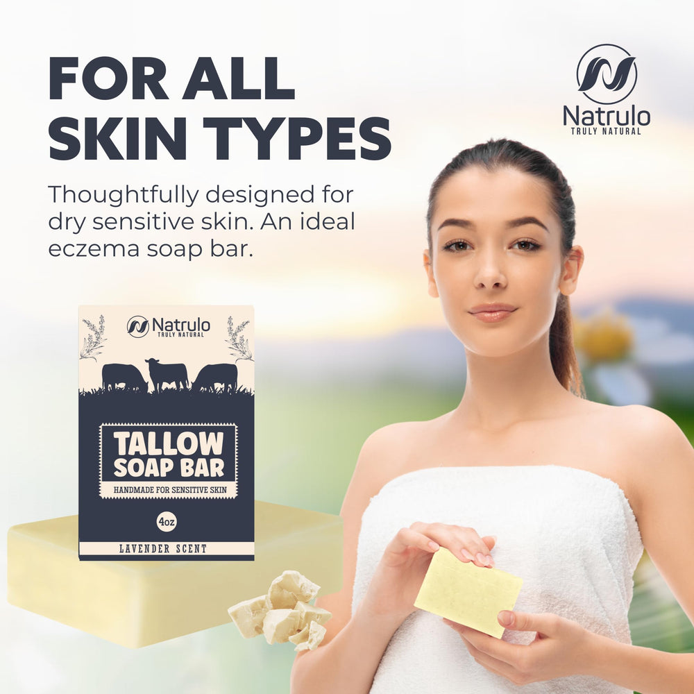 Natrulo soap on bathroom shelf conveying natural bath routine benefit