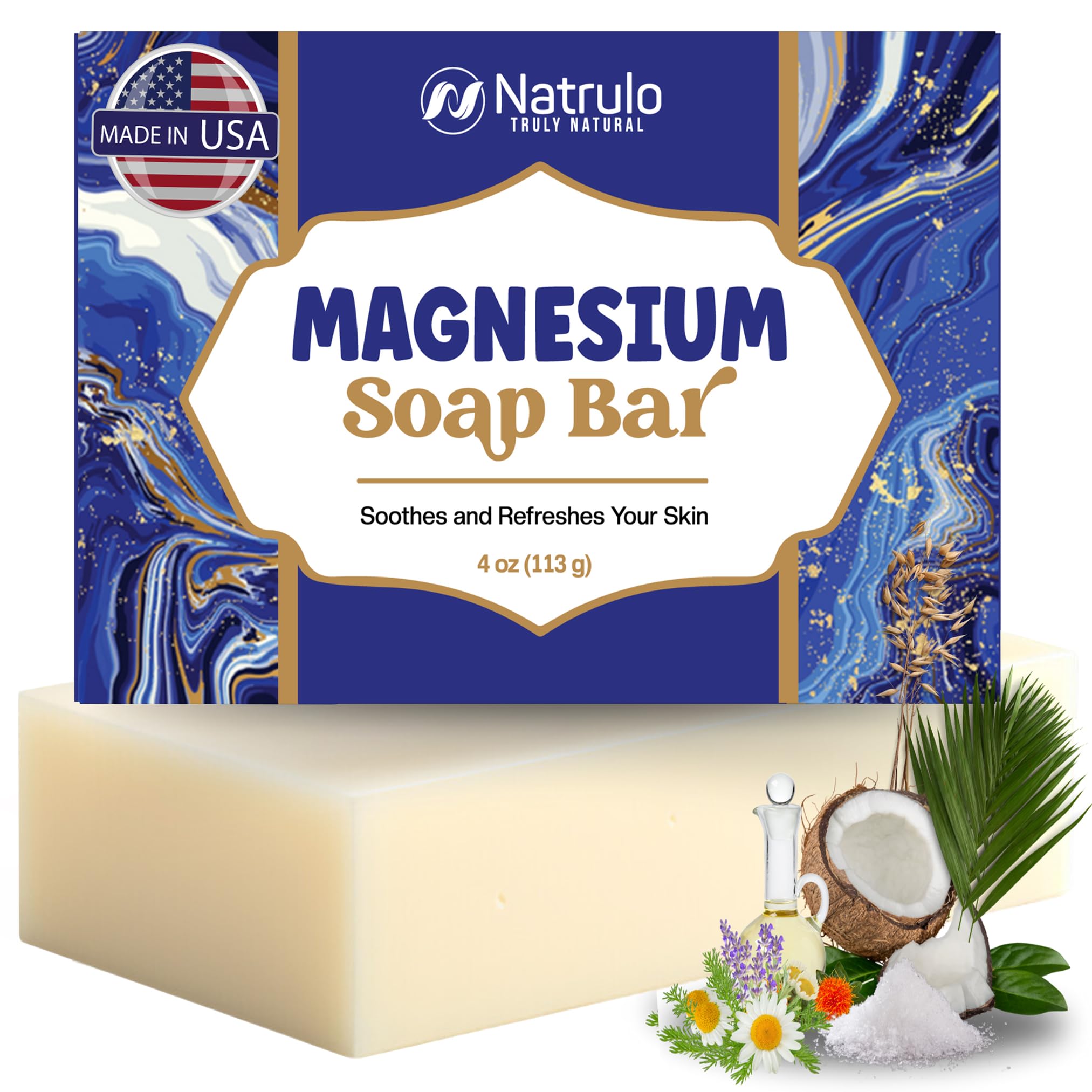 Natrulo soap front packaging showing mineral benefits and calm scent