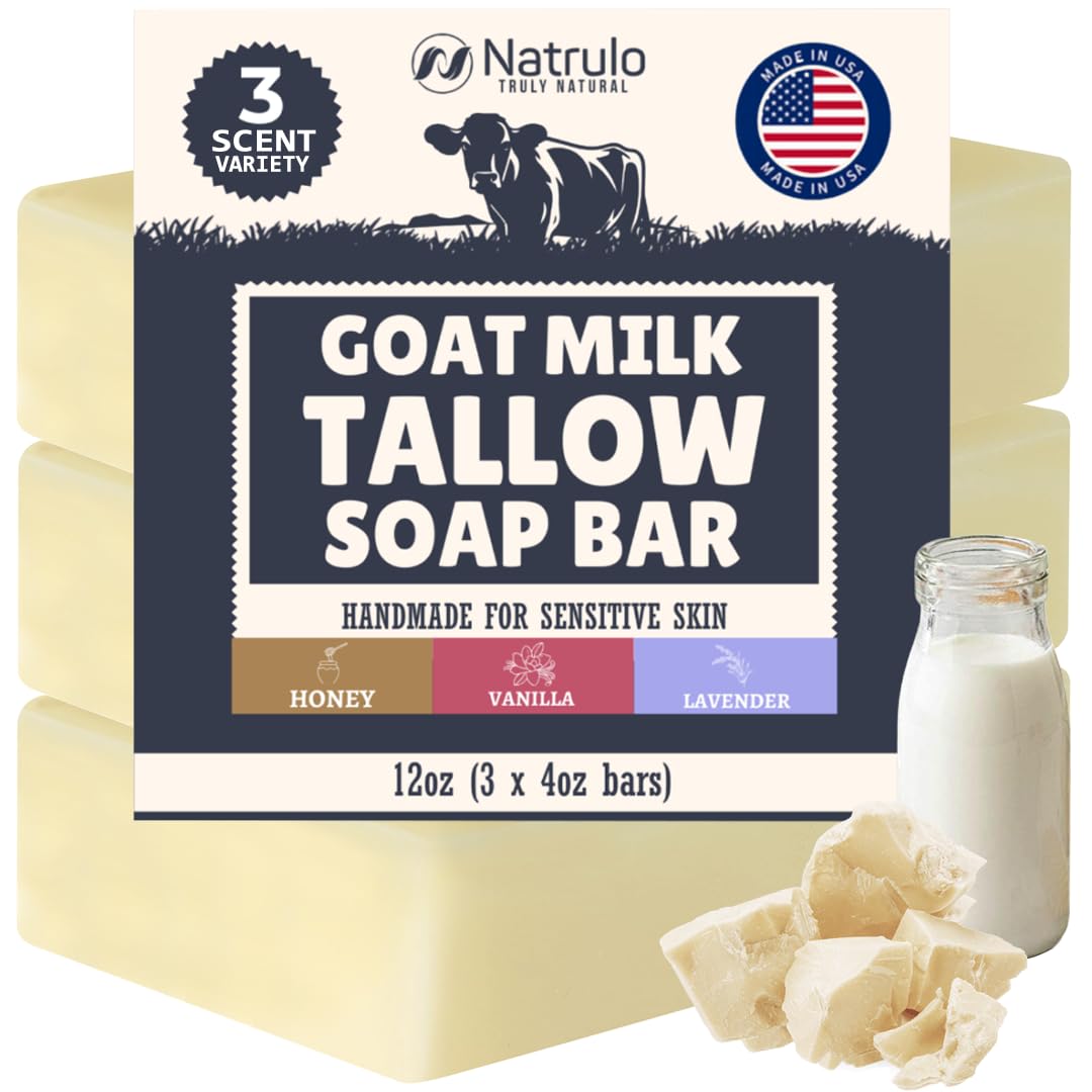Natrulo front packaging showing three tallow soap bars and benefits