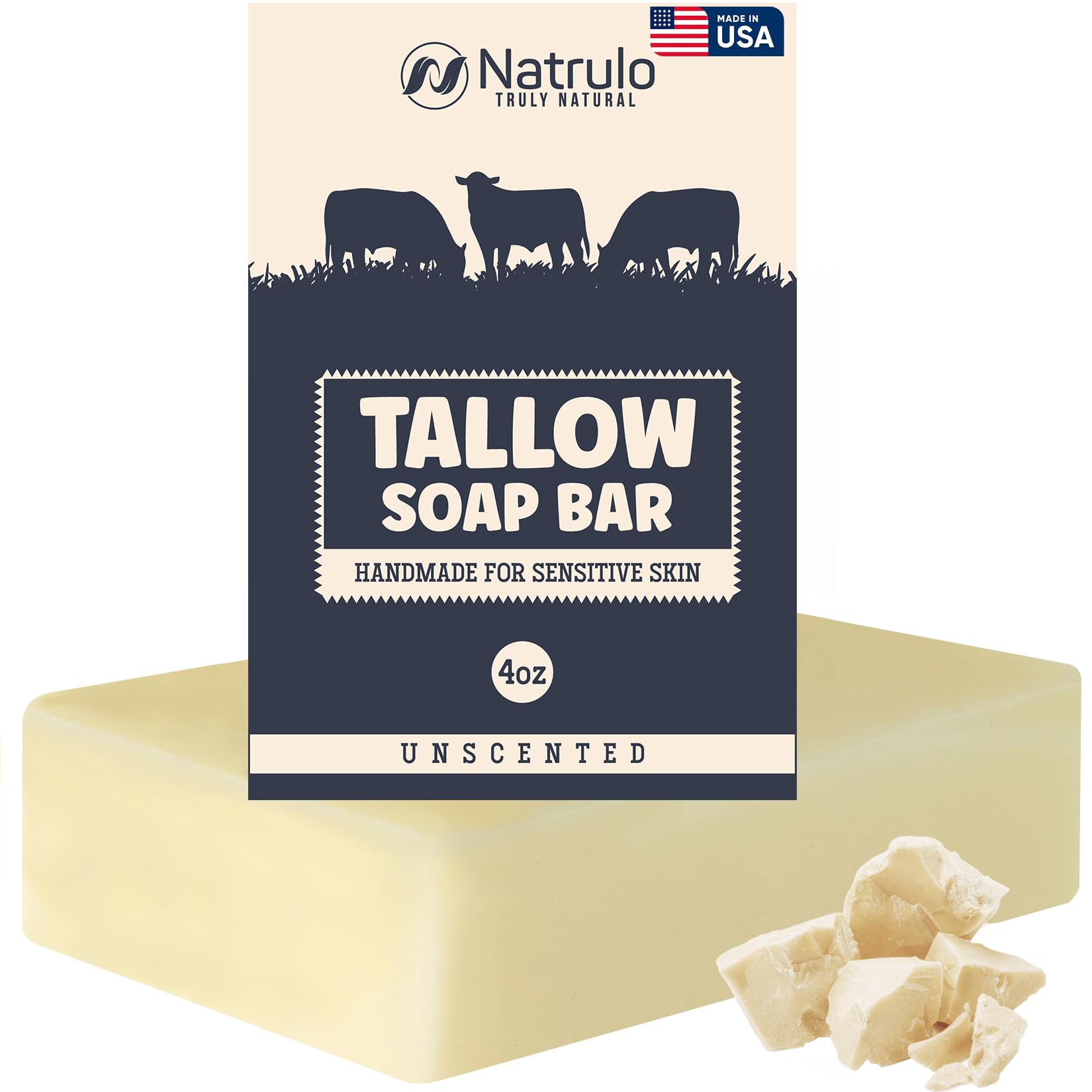 Natrulo front packaging showing unscented tallow soap and calming design benefit