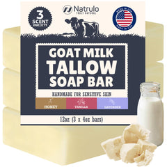 Natrulo front packaging showing three tallow soap bars and benefits