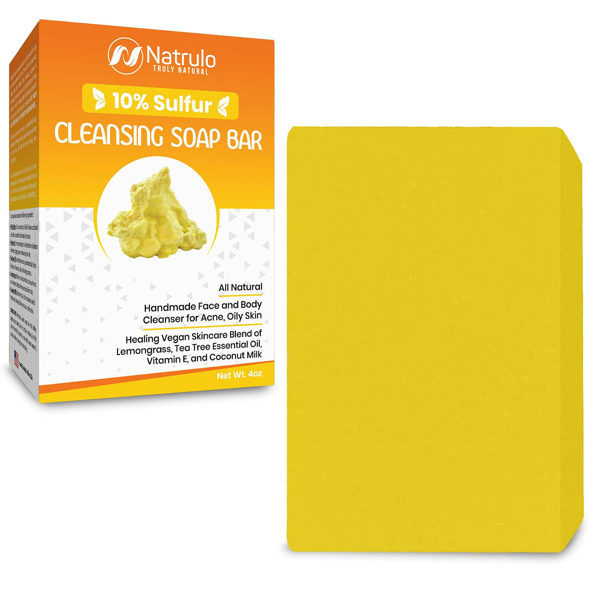 Natrulo front packaging of 10% sulfur soap bar showing label and size, clear benefits