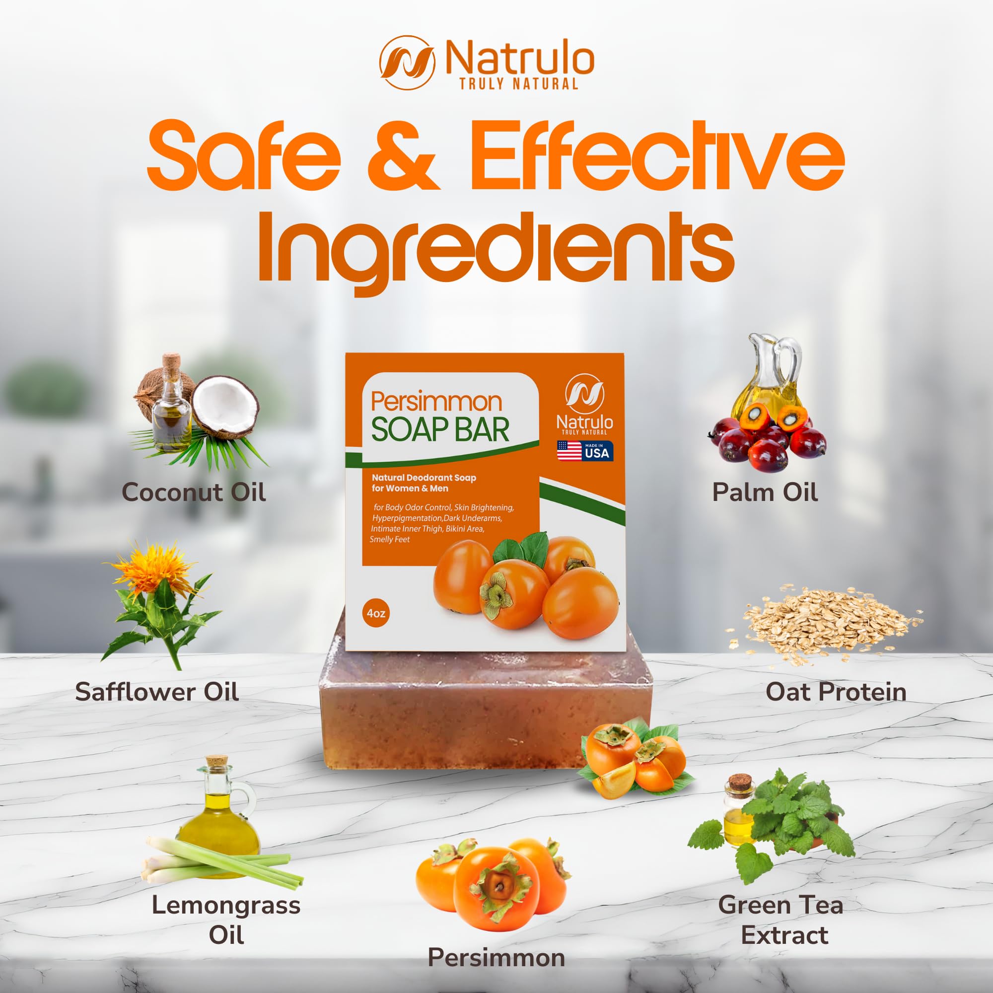 Natrulo persimmon bar beside persimmon and green tea leaves showing natural ingredients