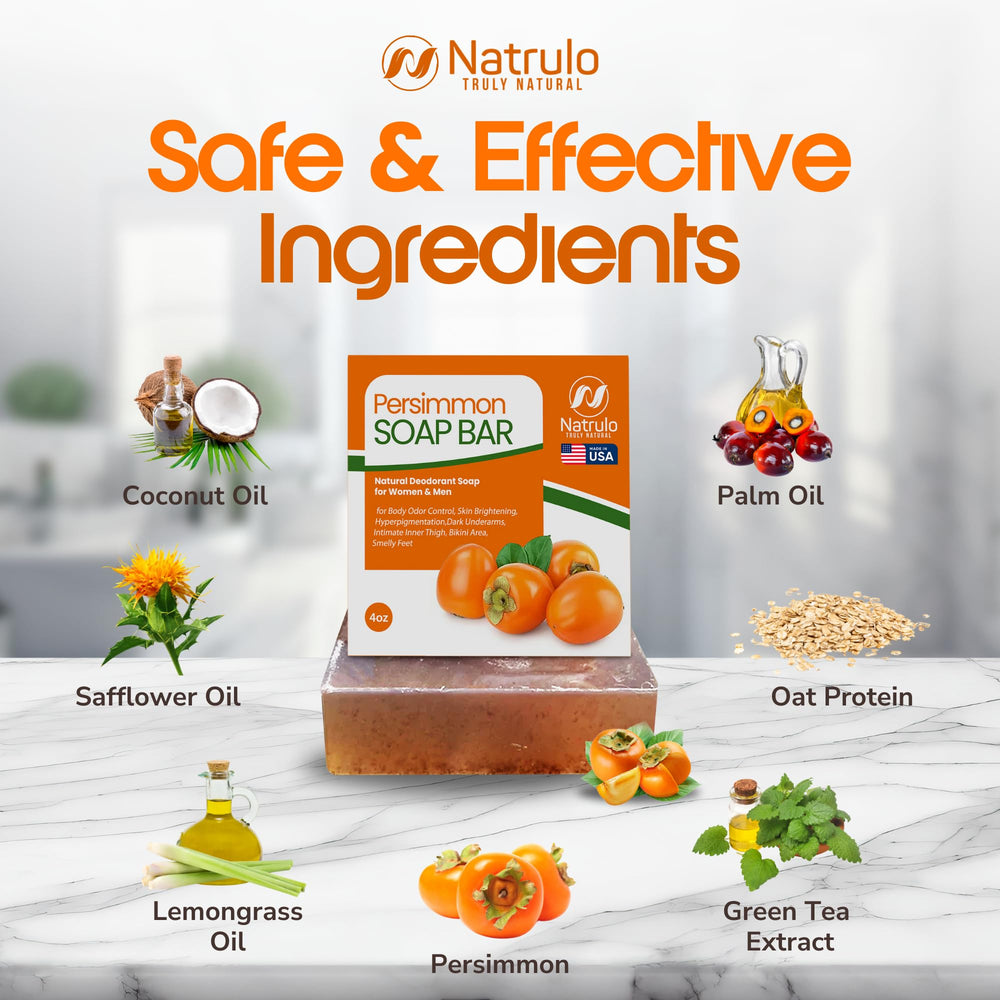 Natrulo persimmon bar beside persimmon and green tea leaves showing natural ingredients