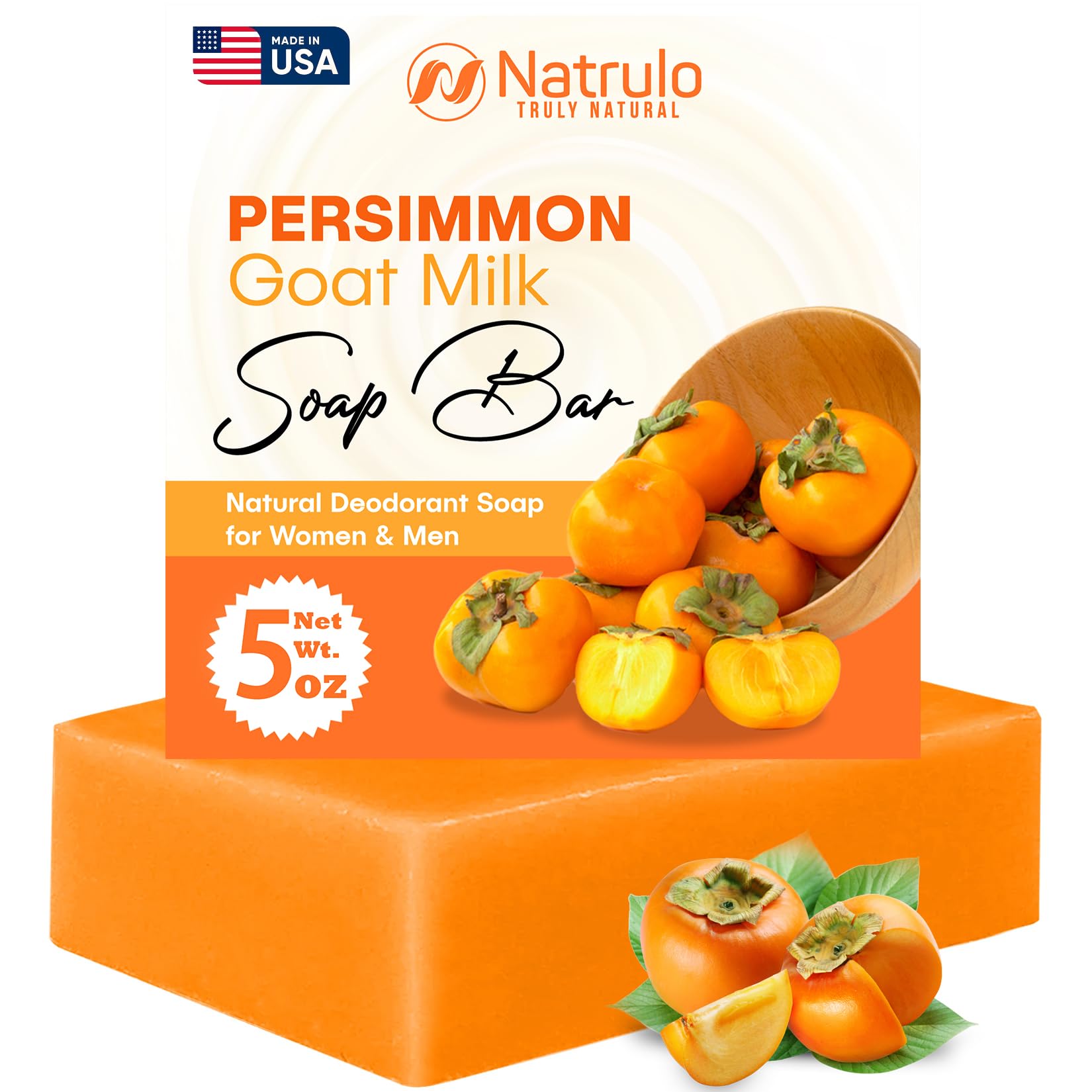 Natrulo persimmon soap front packaging shows natural deodorizing benefits