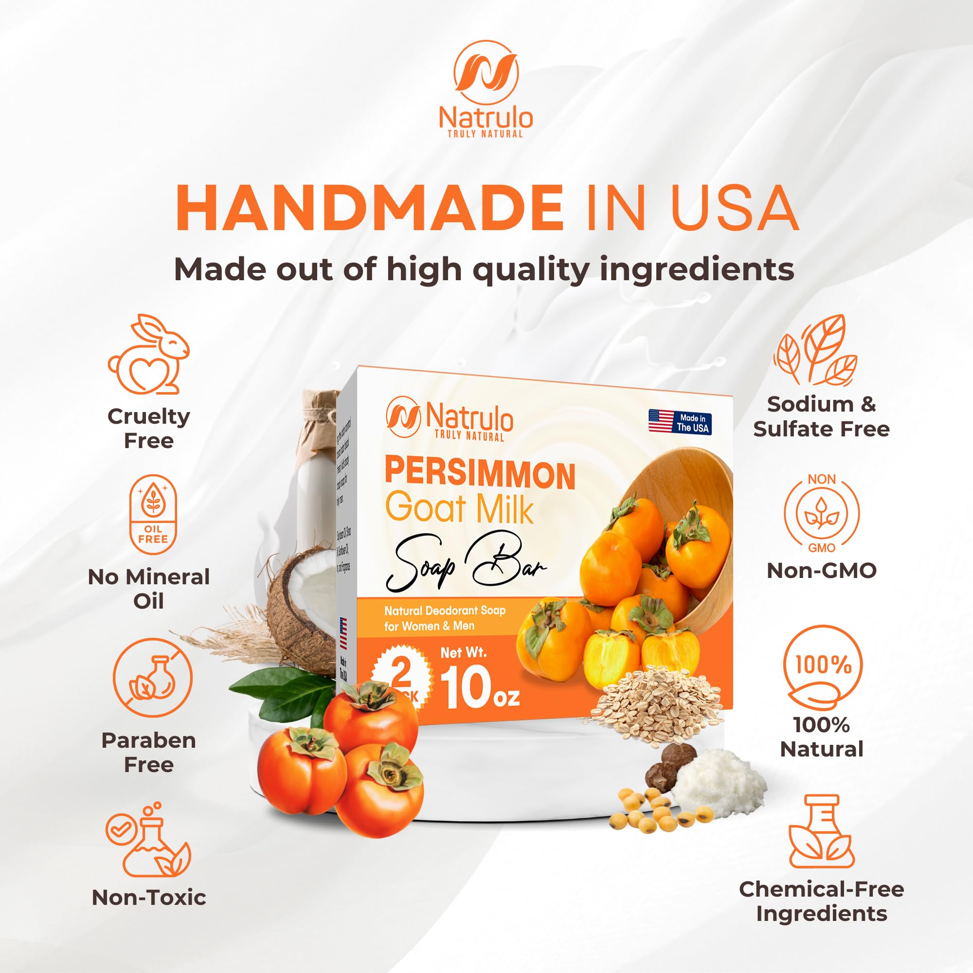 Natrulo persimmon soap beside a hand for size comparison showing travel-friendly bar benefit