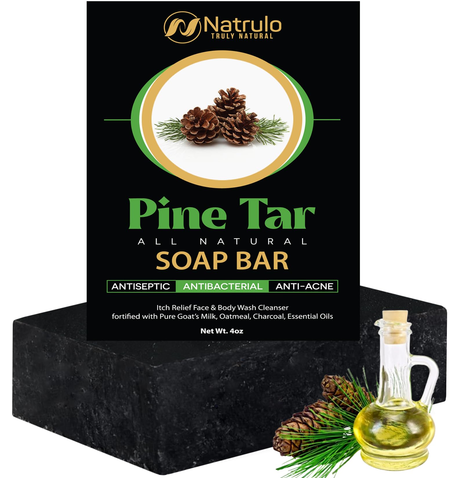 Natrulo pine tar soap front packaging showing natural ingredients and benefits