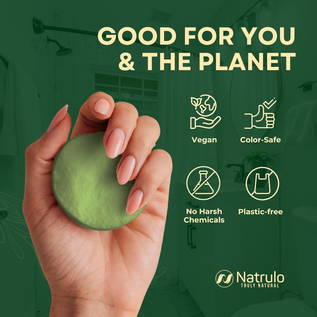 Natrulo shampoo bar on bathroom shelf promoting zero-plastic routine