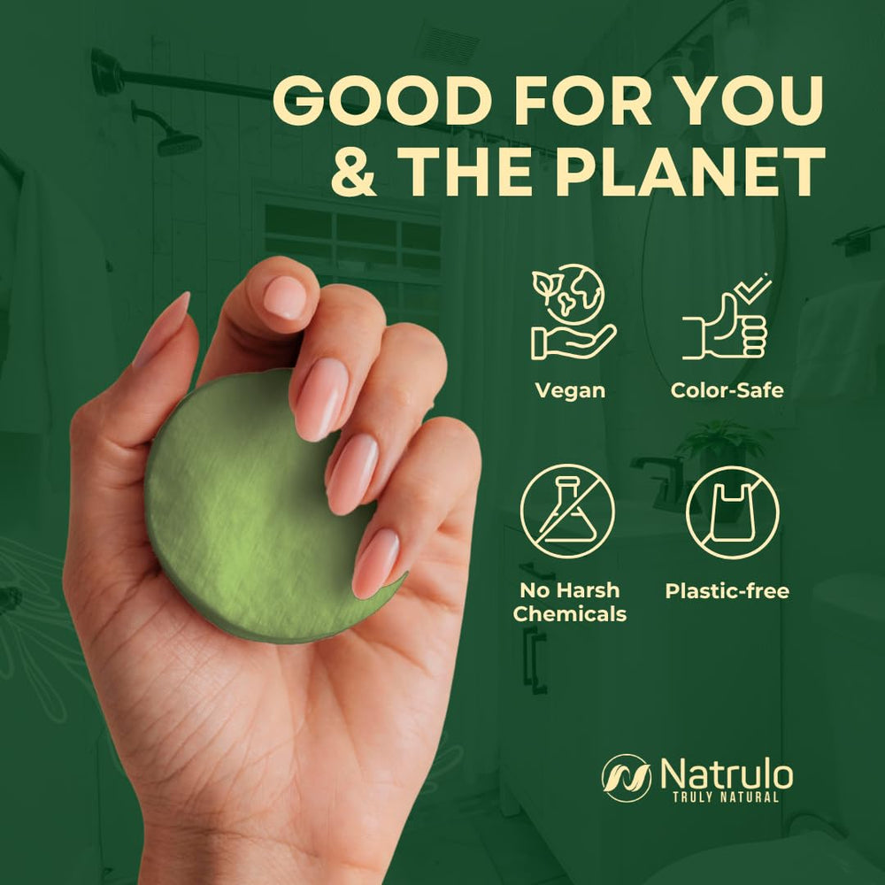 Natrulo shampoo bar on bathroom shelf promoting zero-plastic routine