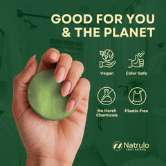 Natrulo shampoo bar on bathroom shelf promoting zero-plastic routine