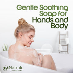 Natrulo soap held in hand for size and scale showing travel convenience