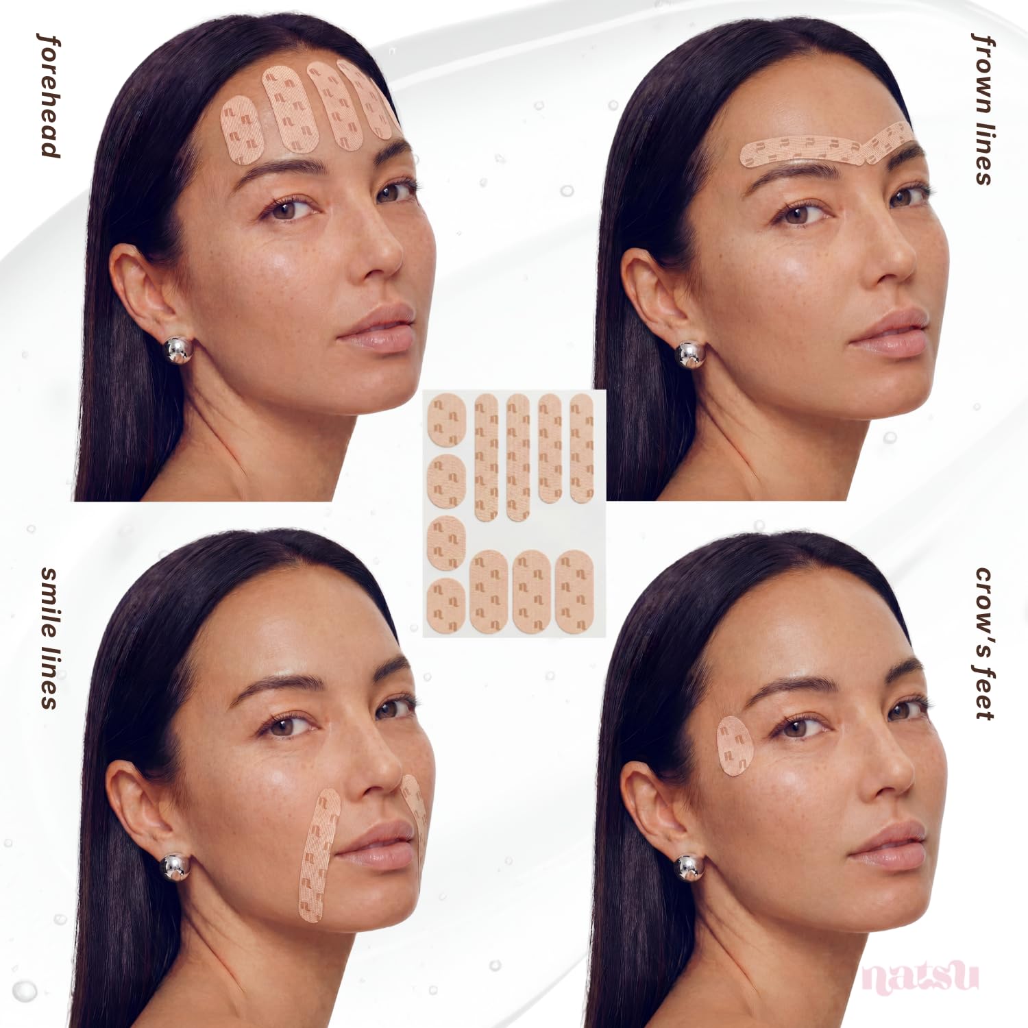 Natsu application demonstration on face showing fast peel, stick, sleep routine