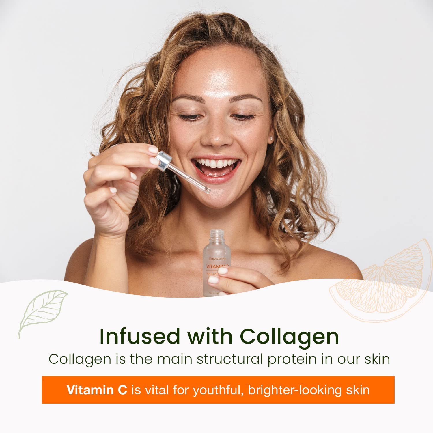 Natural Chemist bottle beside vitamin C ingredient visuals, emphasizes brightening benefit