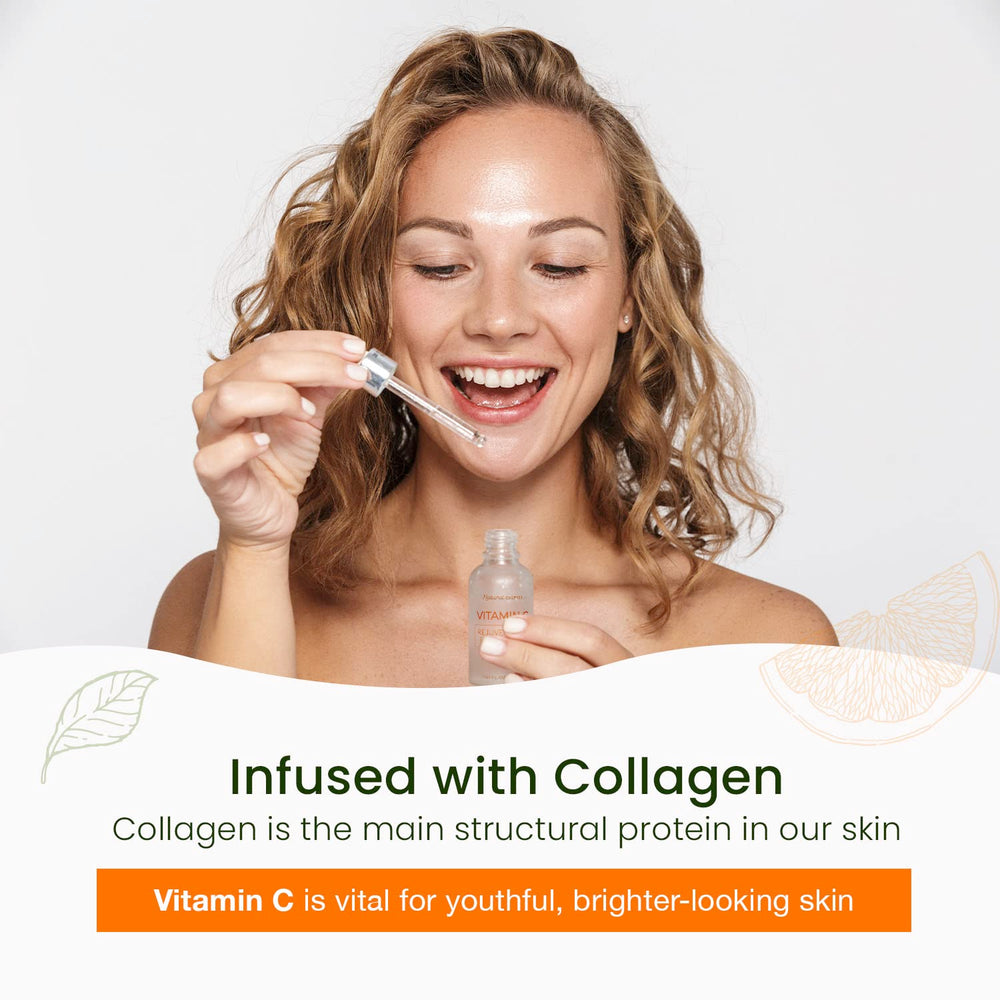 Natural Chemist bottle beside vitamin C ingredient visuals, emphasizes brightening benefit